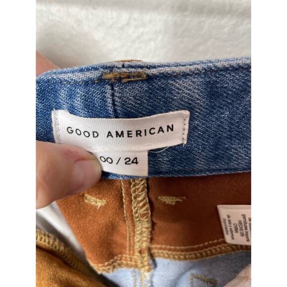 Good American Icon Vegan Suede Jeans Sz 00 24 Western Cowgirl Straight Mixed - Picture 4 of 6